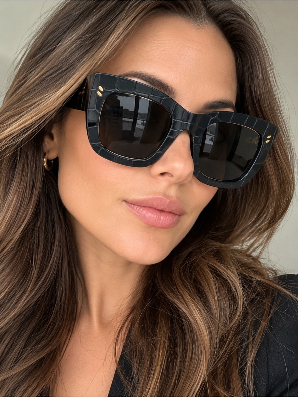 Stella McCartney SC0067S Black Croc Oversized Square Cat Eye Sunglasses 001